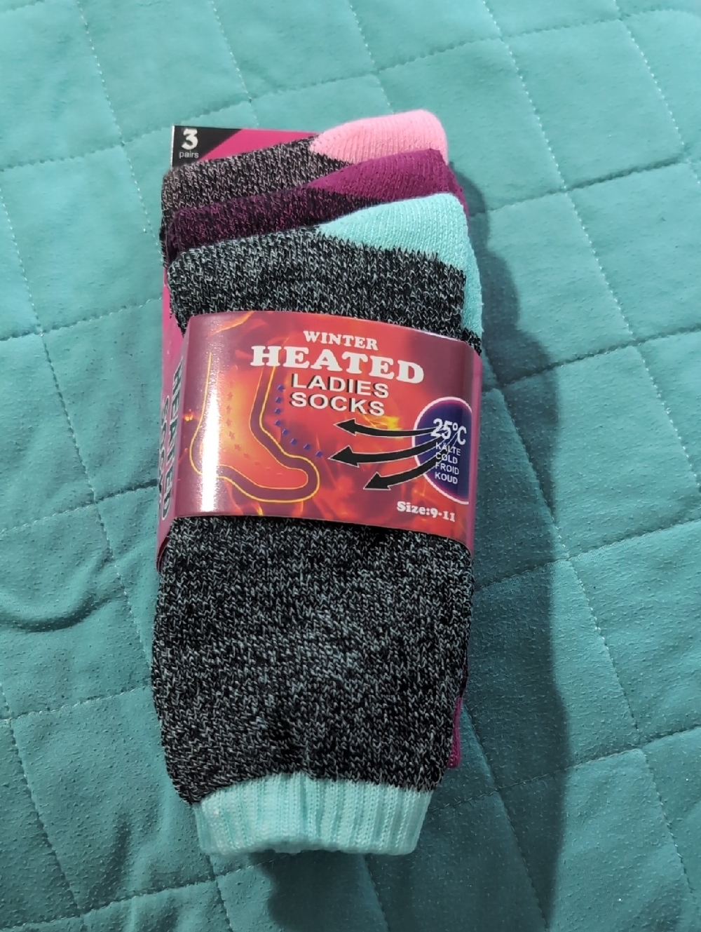 Heated Ladies Socks - Black, Pink & Light Blue - Unbranded